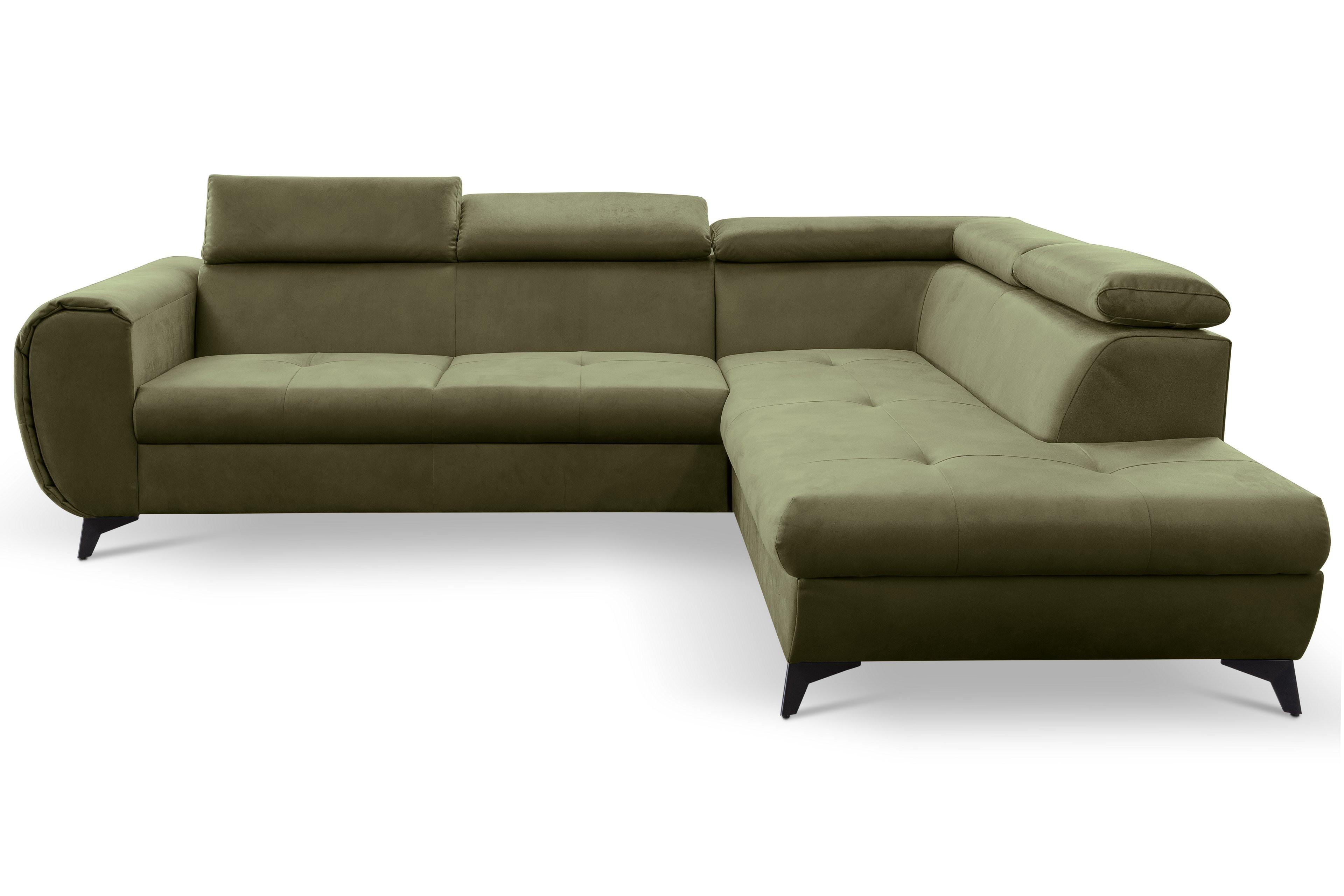 ECKSOFA MAGIA R-S Grün Plüsch-Stoff mit Schlaffunktion - Olivgrün, Holz (260/217cm) - MASSENO
