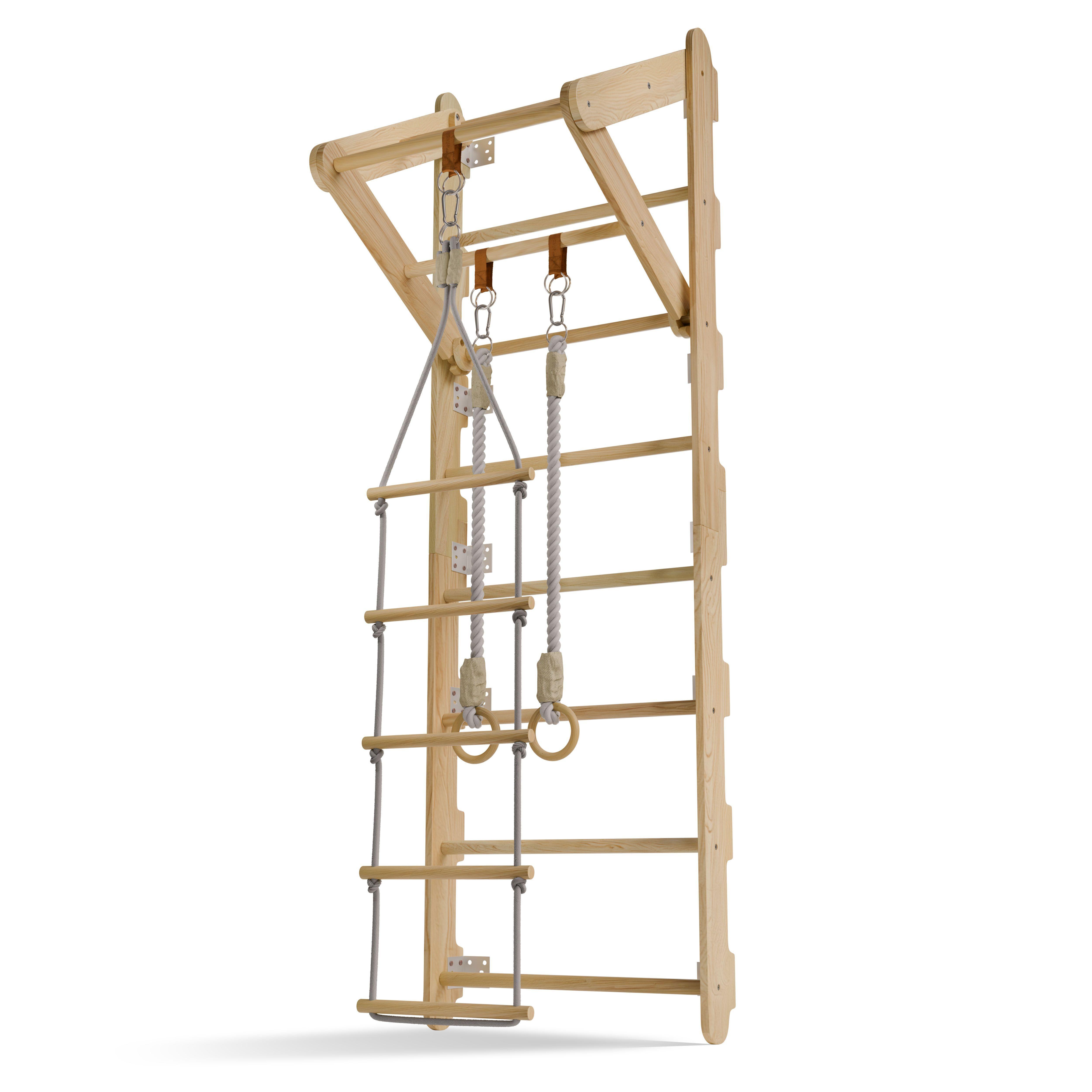 SPROSSENWAND für Kinder mit Turnringen - Naturfarben, Holz (62/57cm) - Juskys