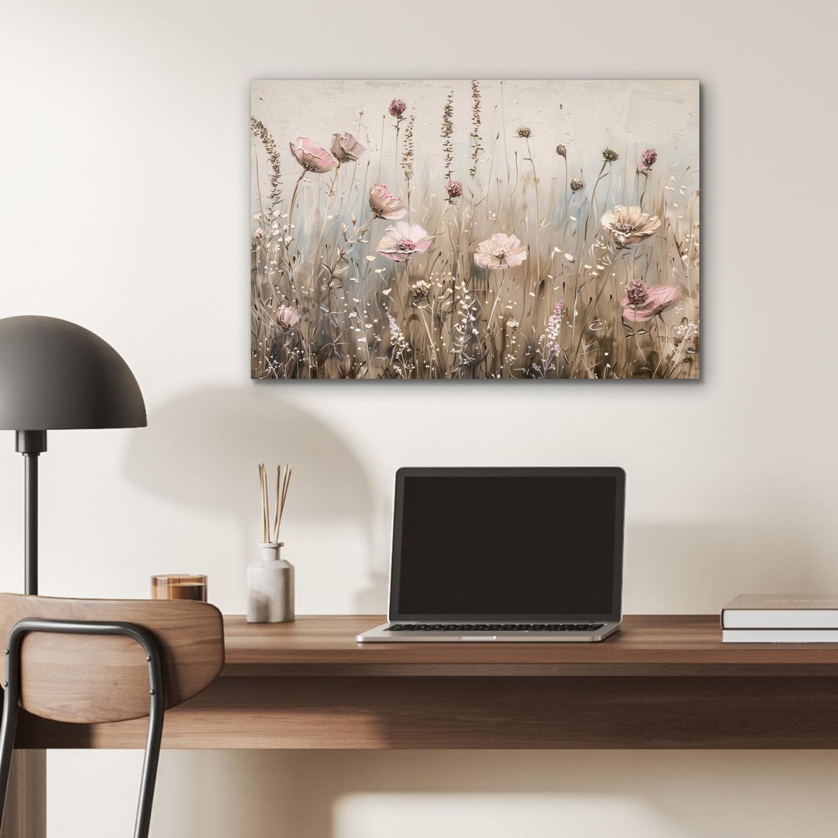 METALLBILD Blumen - Rosa - Modern - Beige Wandbild 60x40 cm - Beige, Metall (60/40cm) - MuchoWow