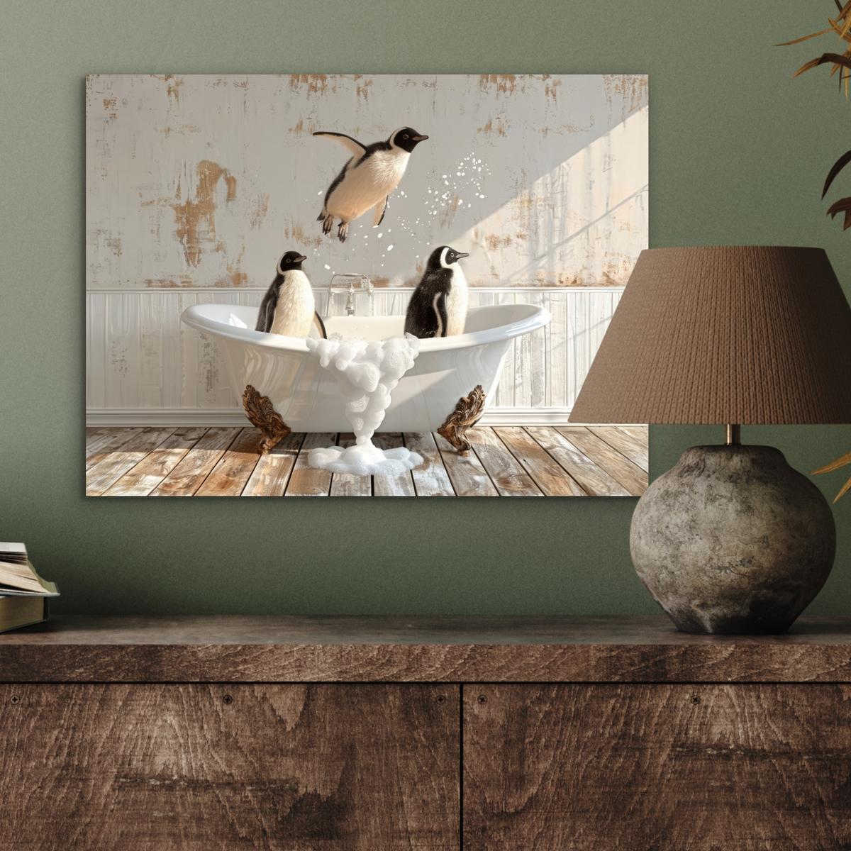 METALLBILD Vintage - Pinguin - Badewanne - Schaumstoff 40x30 cm - Schwarz, Metall (40/30cm) - MuchoWow