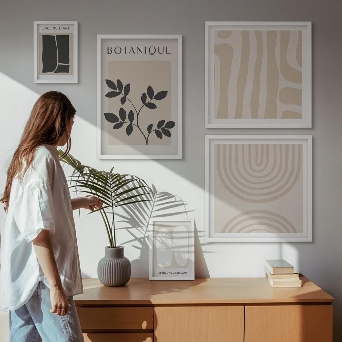 BILDER SET 5er Set - 50x50 cm & 20x30 cm & 40x60 cm Weißer Rahmen - Boho-Pflanzenposter - Weiß, Kunststoff (40/60cm) - TULUP