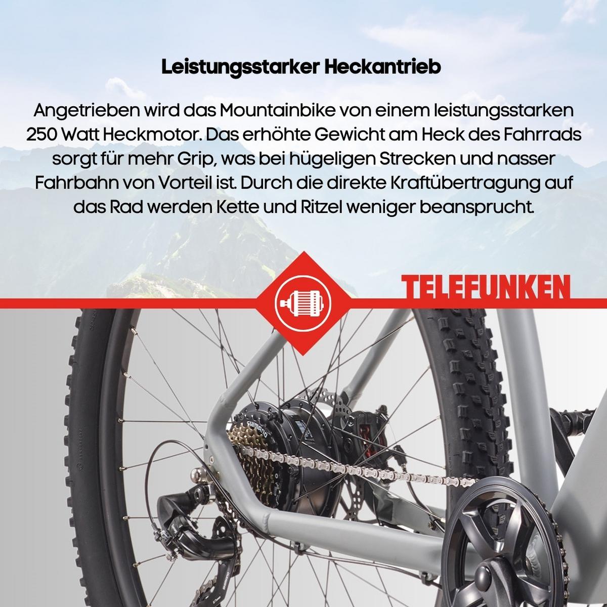E-BIKE Mountainbike Aufsteiger M921 | Für Damen u. Herren | 468 Wh | Heckmotor | 7-Gang-Kettenschaltung | 29 Zoll - Grau, Metall (114.6cm) - Telefunken