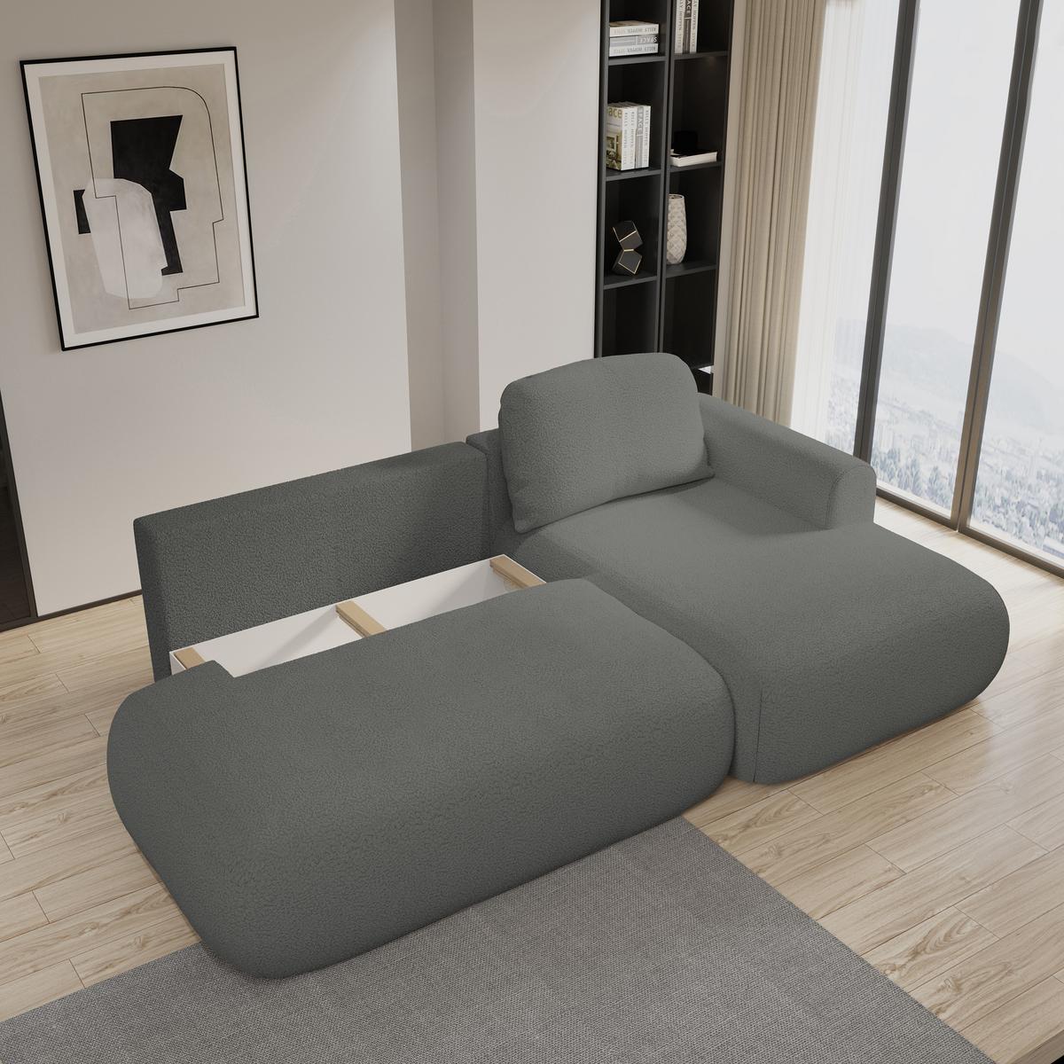 ECKSOFA NUVIRA R-S Grau Boucle-Stoff mit Schlaffunktion - Grau, Holz (279/158cm) - MASSENO