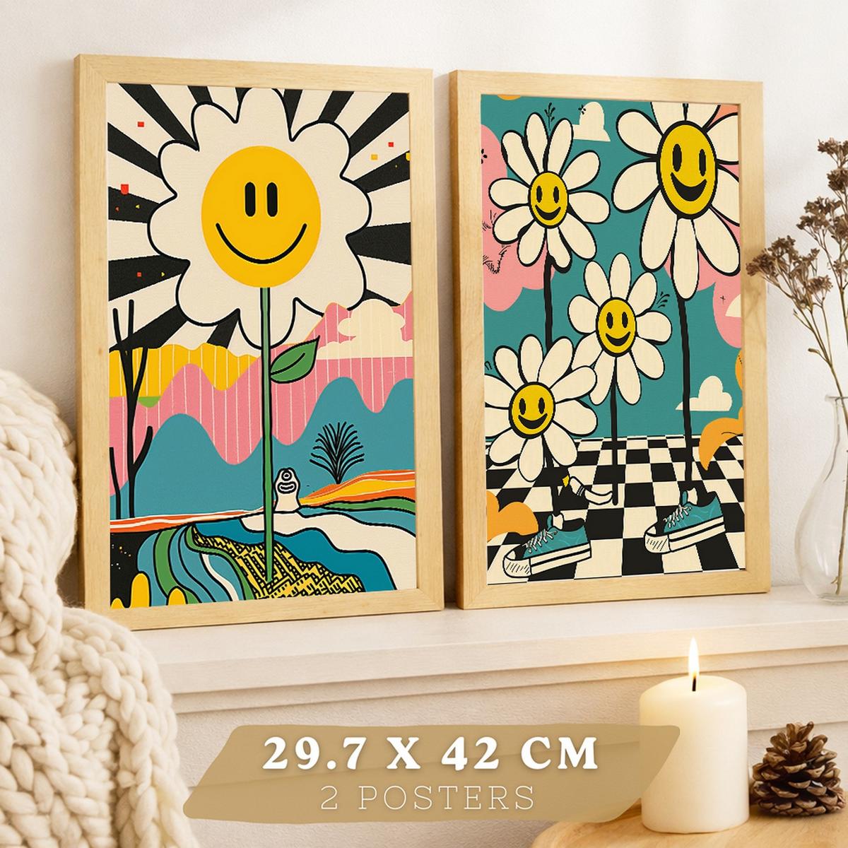 POSTER 4er Kunstdruck-Set Wandbilder Smiley Blume modern Wohnzimmer Deko, Schlafzimmer, Küche, Badezimmer Rahmenlos A3 - Klar, Papier (29.7/1/42cm) - Nacnic