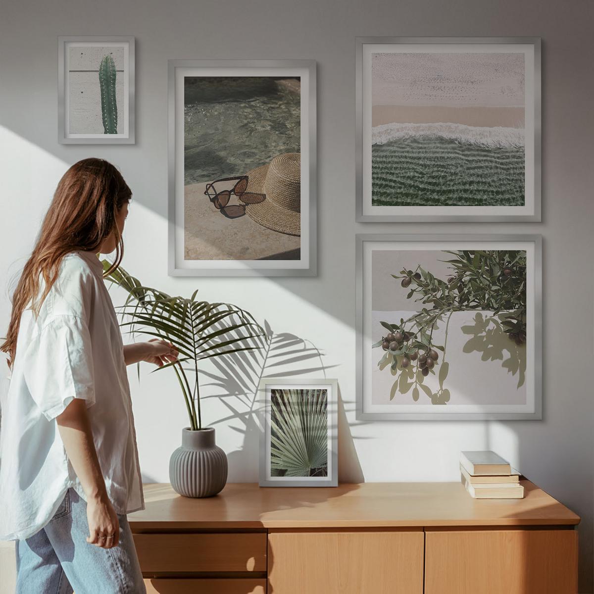 BILDER SET 5er Set - 50x50 cm & 20x30 cm & 40x60 cm Silberner Rahmen - Zubehör für tropische Pflanzen - Silberfarben, Kunststoff (40/60cm) - TULUP