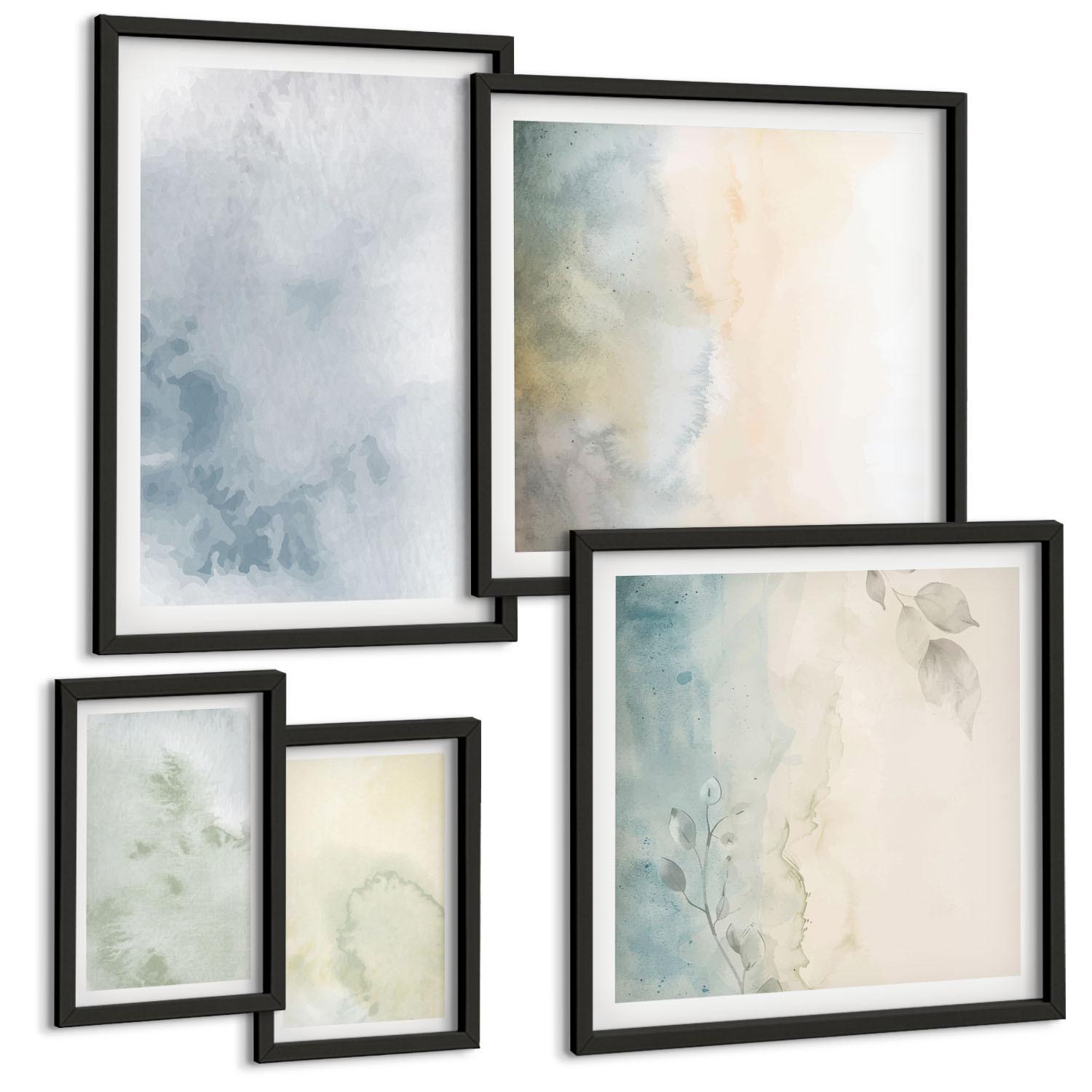 BILDER SET 5er Set - 50x50 cm & 20x30 cm & 40x60 cm Schwarzer Rahmen - Pastellfarbene Aquarell-Leinwandtextur - Schwarz, Kunststoff (40/60cm) - TULUP