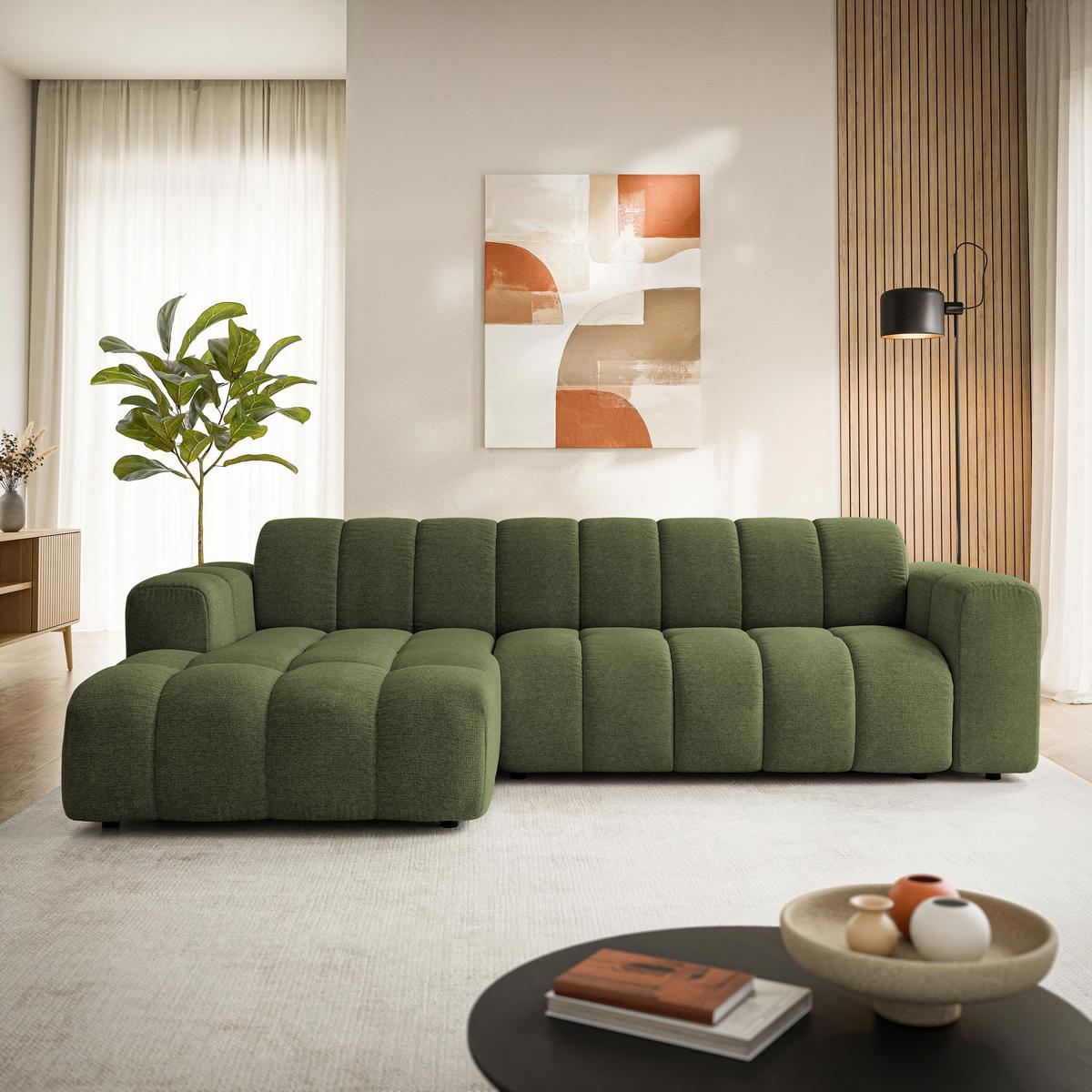 ECKSOFA SETIA Olivgrün Strukturstoff mit Schlaffunktion - Olivgrün, Holz (304/165cm) - MASSENO
