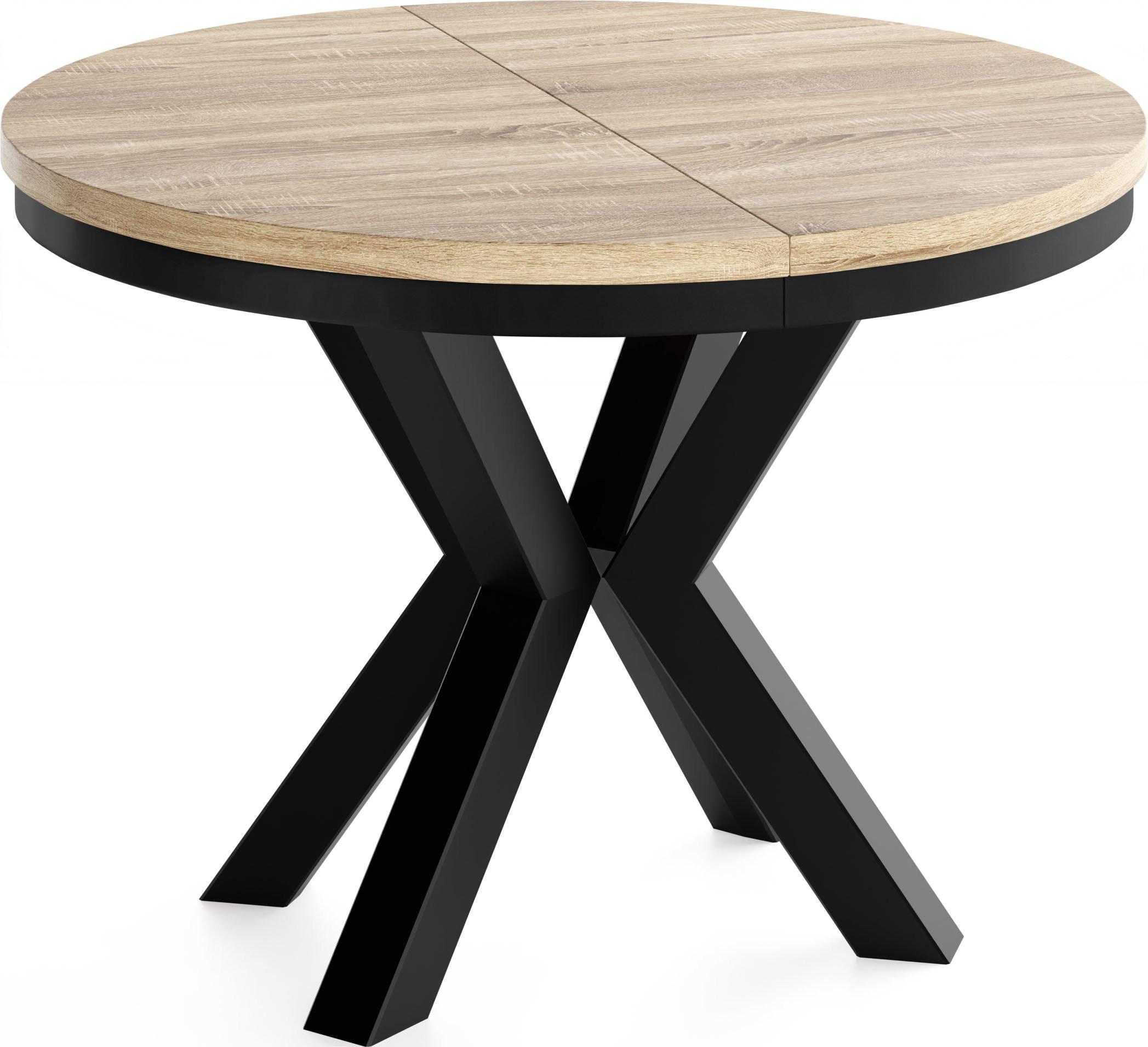 ESSTISCH Clara runder ausziehbarer, Eiche Sonoma Hellbraun 120-200/120/76 cm - Schwarz/Sonoma Eiche, Holzwerkstoff/Metall (120/200/76cm) - WFL GROUP