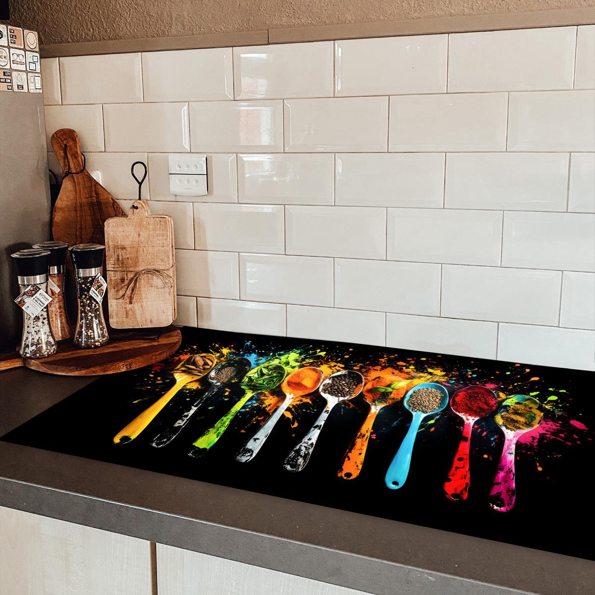 HERDABDECKPLATTE Löffel - Gewürze - Modern - Graffiti - Farbe - Farbenfroh Ceranfeldabdeckung 90x52 cm - Multicolor, Kunststoff (90/52/0.2cm) - MuchoWow