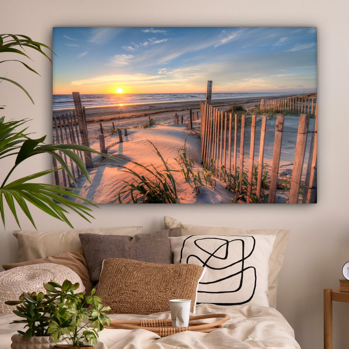 LEINWANDBILD Strand - Meer - Düne - Sonnenuntergang - Landschaft Wohnzimmer Groß 120x80 cm - Beige, Textil (120/80cm) - MuchoWow