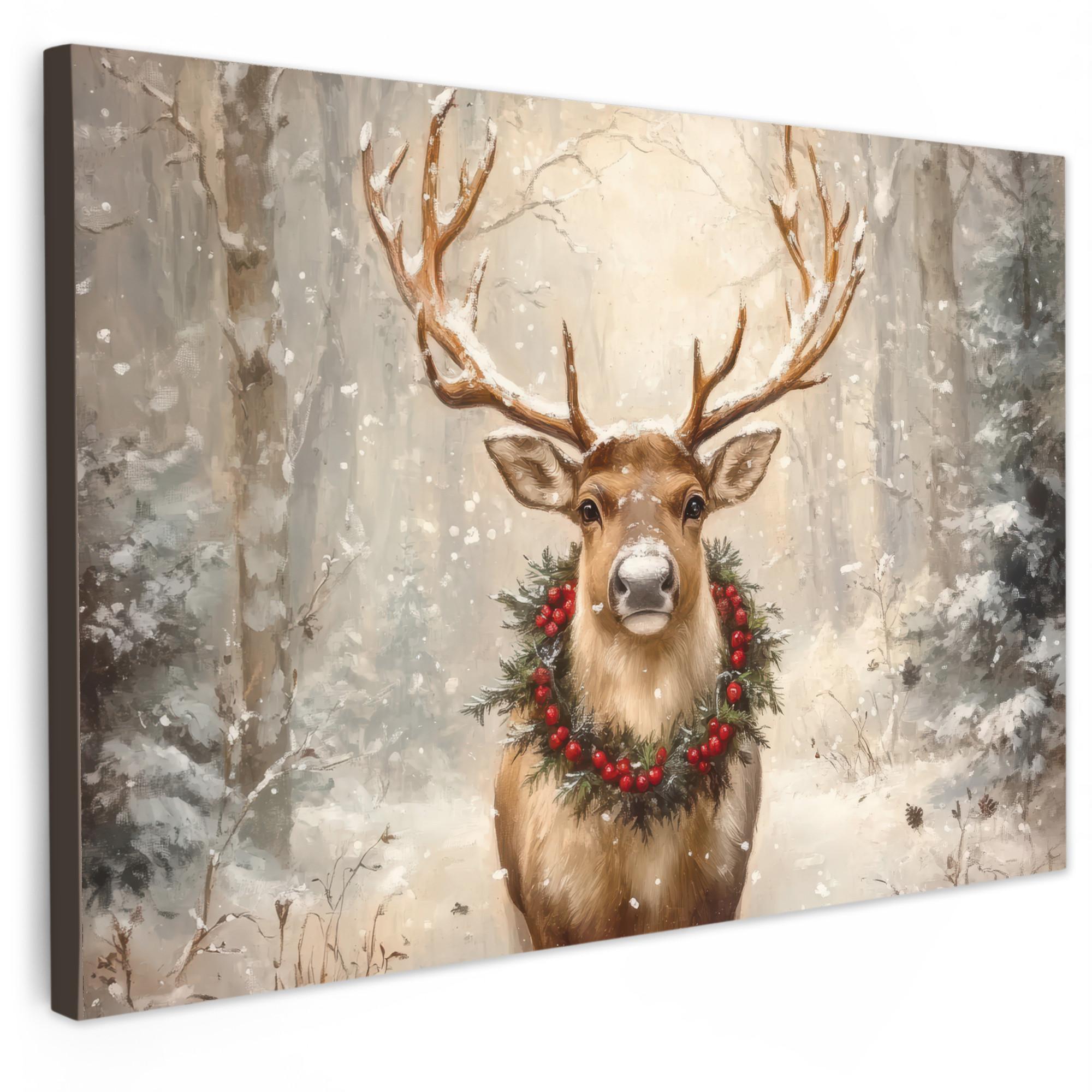 LEINWANDBILD Weihnachten - Rentier - Winter - Kranz XXL 150x100 cm - Naturfarben, Textil (150/100cm) - MuchoWow