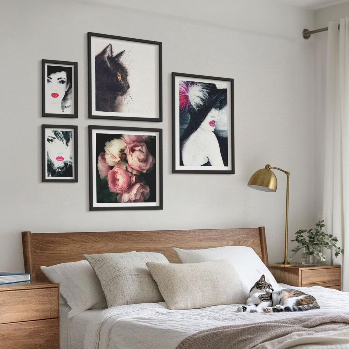 BILDER SET 5er Set - 50x50 cm & 20x30 cm & 40x60 cm Schwarzer Rahmen - Boho-Buch mit Muscheln - Schwarz, Kunststoff (40/60cm) - TULUP