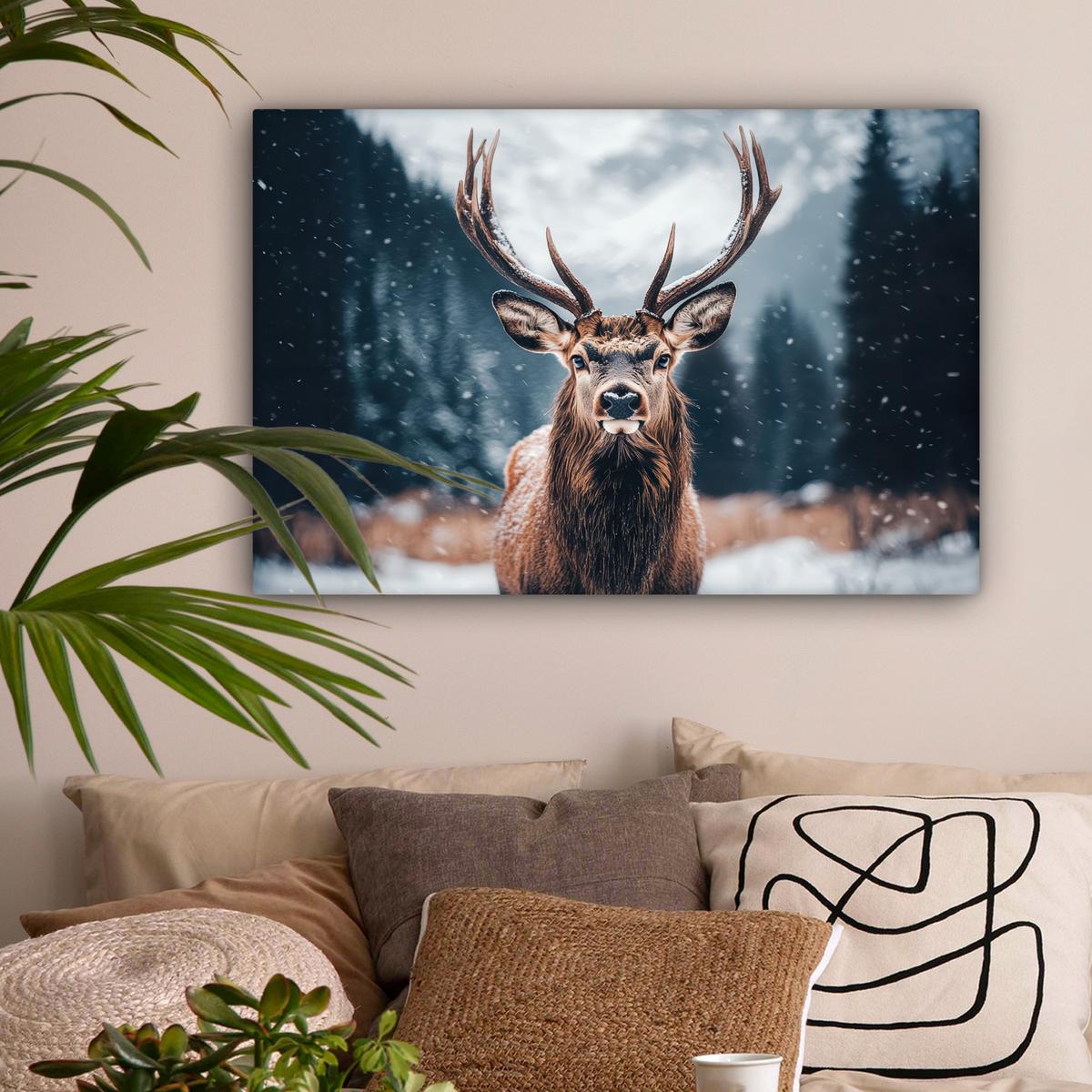 LEINWANDBILD Hirsche - Tiere - Landschaft - Winter - Schnee Wanddeko 90x60 cm - Kastanienfarben, Textil (90/60cm) - MuchoWow