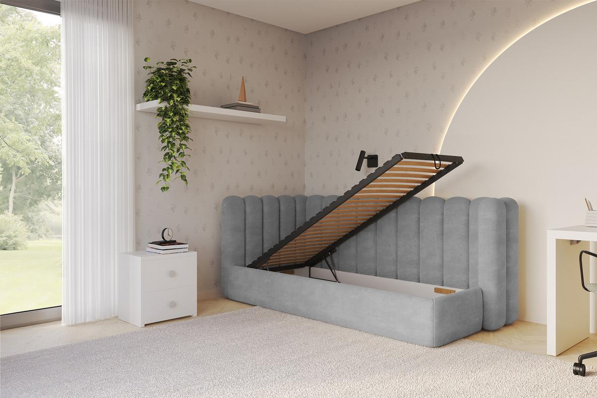 EINZELLBETT Jugendbett mit Bettkasten und Matratze H3/H4, Rechts - HUGY 100x200 Grau - Hellgrau, Holzwerkstoff/Textil (100/200cm) - ALTDECOR