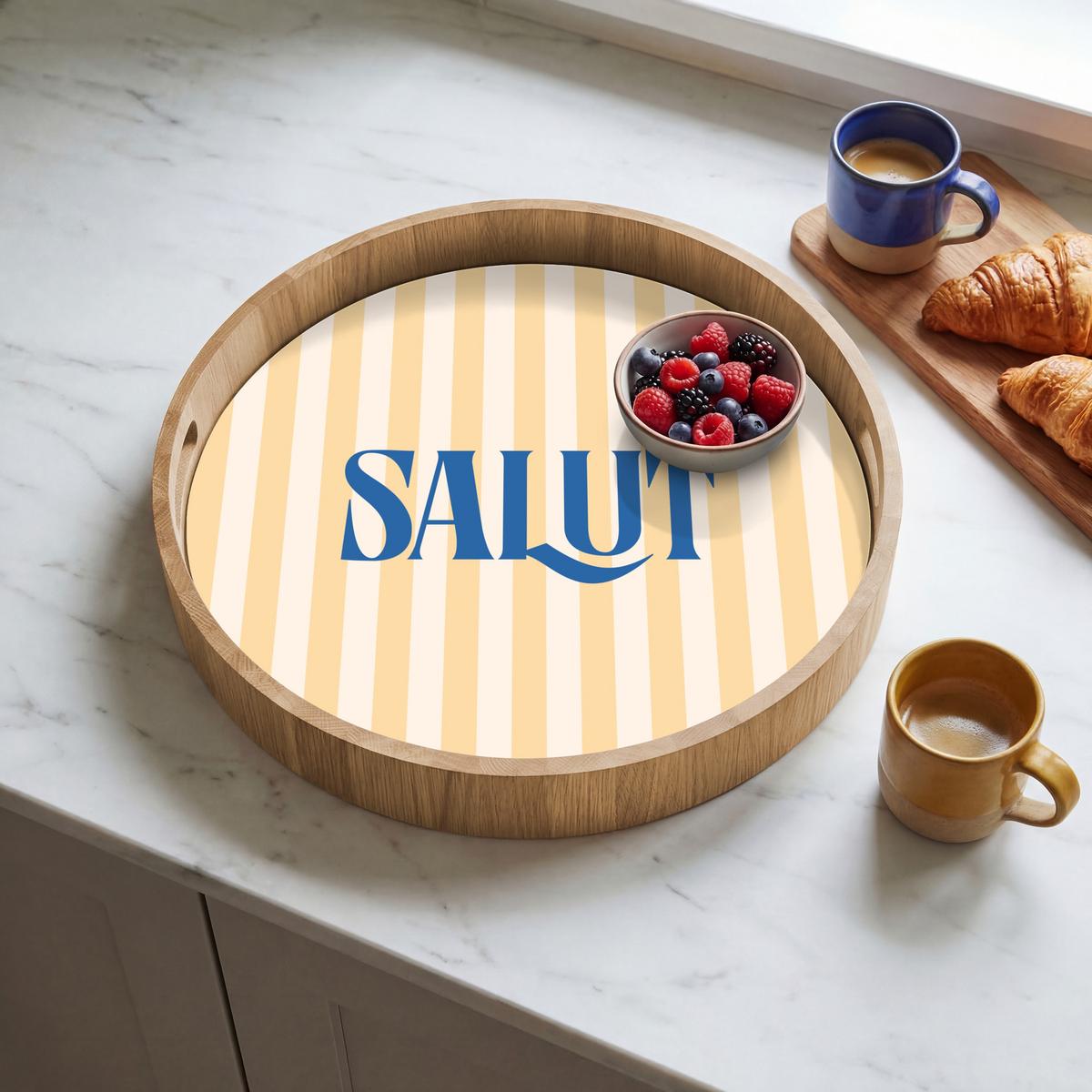 TABLETT Salut - Zitat - Streifen - Gelb - Blau - Weiß 40x40 cm - Beige, Holz (40/5/5cm) - OnlyWow