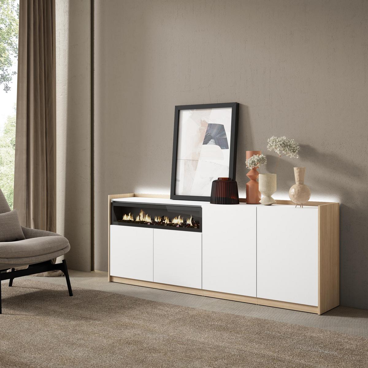SIDEBOARD, Weiß und Eiche, 207/37/80cm, Kamin mit Feuereffekt - Weiß, Holzwerkstoff (207/80/37cm) - Skraut Home