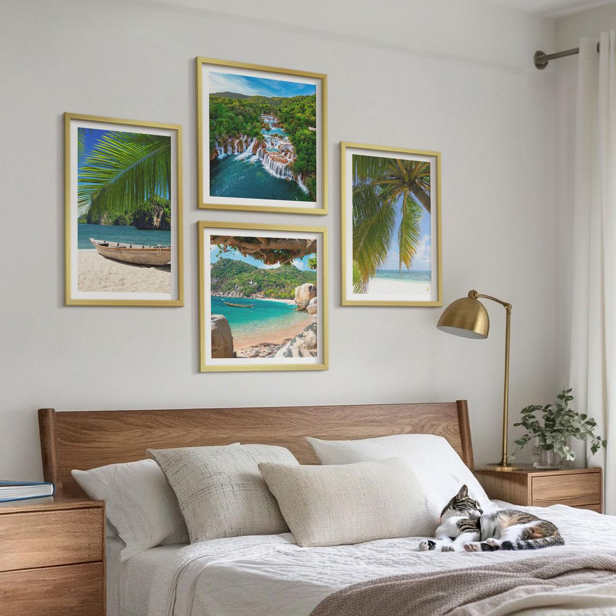 BILDER SET 4er Set - 50x50 cm & 40x60 cm Goldrahmen - Strand, Boot, Wasserfälle, Palmen - Goldfarben, Kunststoff (50/50cm) - TULUP