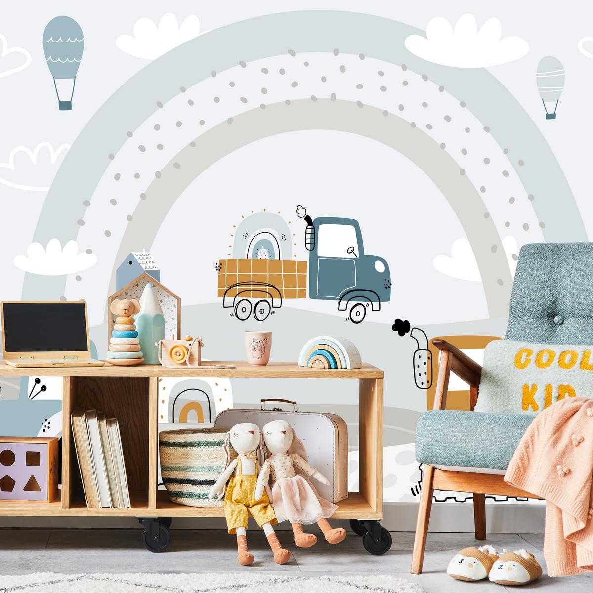 FOTOTAPETE für Kinderzimmer Baumaschinen Regenbogen Hügel Wolken 450x315 - Blau/Beige, Papier (450/315cm) - Muralo