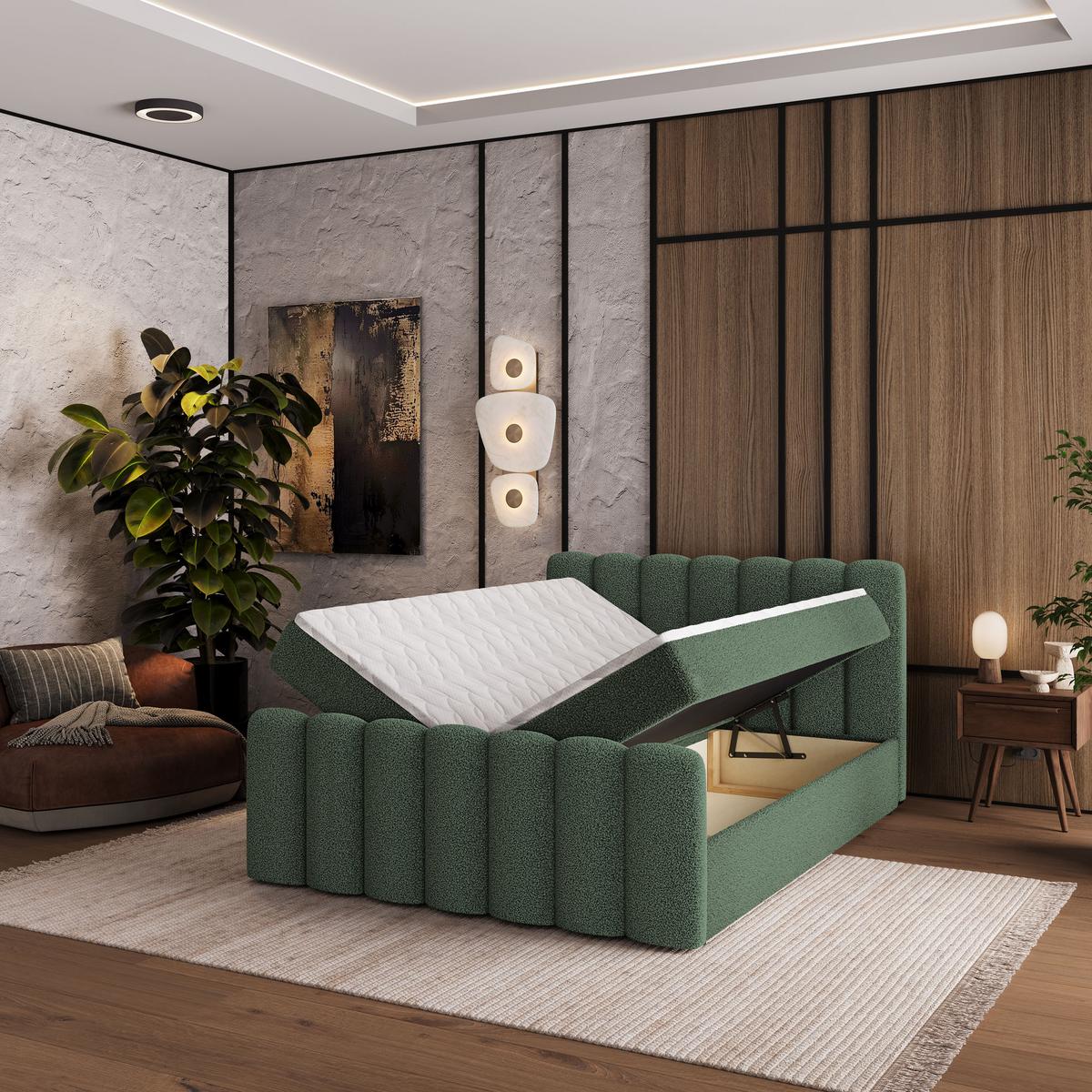 BOXBETT CELLA 140x200 cm mit Matratze und Topper - Grün - Grün, Holz (140/200cm) - MASSENO