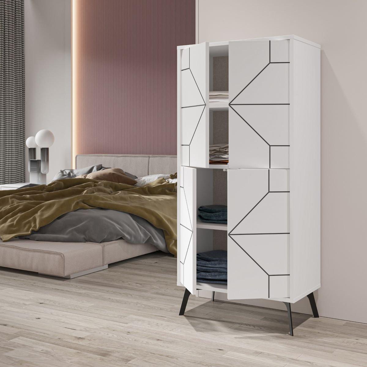 HIGHBOARD mit 4 weißen Türen und schwarzen Dekorationen H136 cm - Dune - Weiß, Holzwerkstoff (35.6/136/62.6cm) - Calicosy