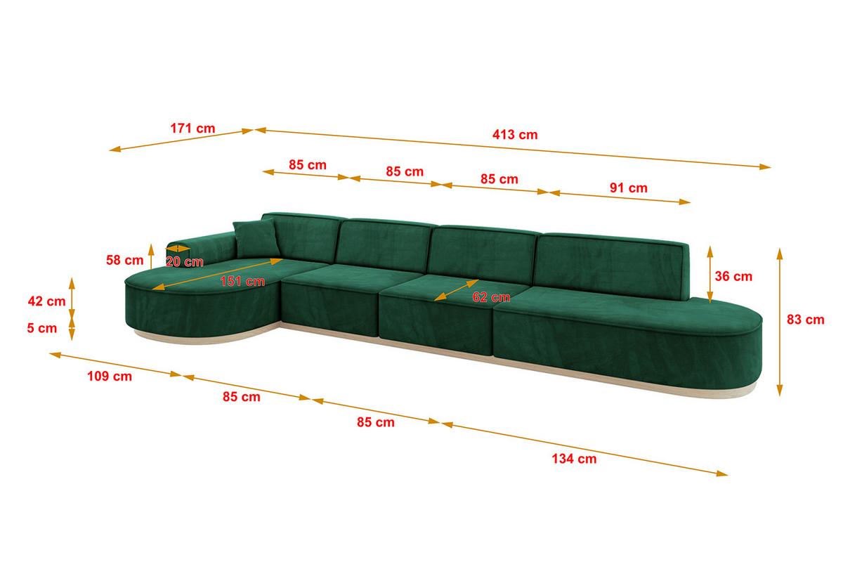 ECKSOFA Ottomane Links MARI-L3-v1 - 413x171x83 cm Grün Velours - Grün, Holzwerkstoff/Textil (413/171cm) - ALTDECOR