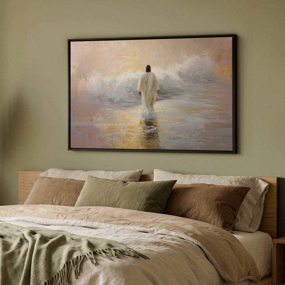 LEINWAND Bilder mit Rahmen - Gemälde - Welle - Jesus - Abstrakt - 90x60 - Goldfarben, Textil (90/60cm) - MuchoWow