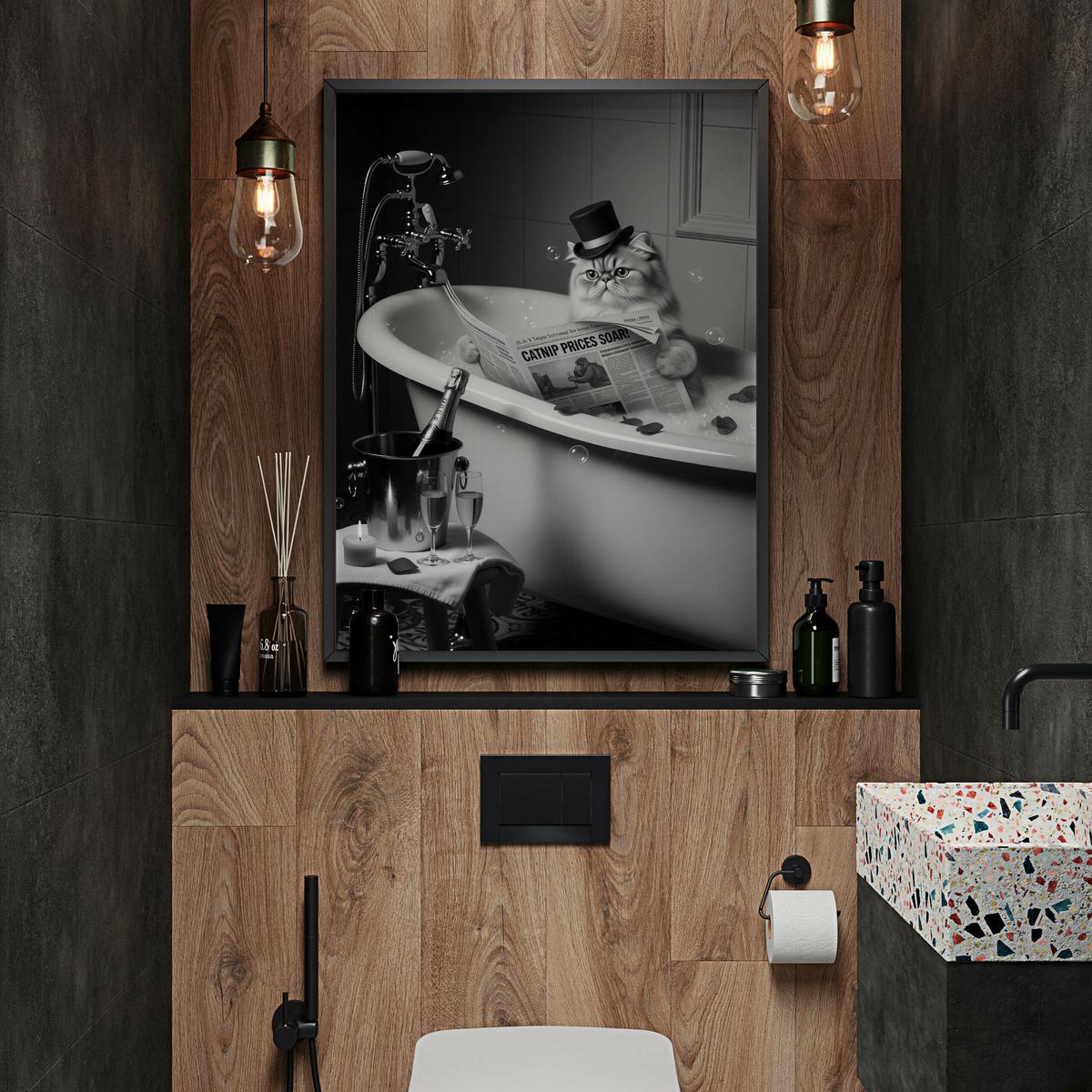 POSTER für Badezimmer WC KATZE in Badewanne Zeitung Abstraktion 30x40cm - Schwarz/Weiß, Papier (30/40/1cm) - Muralo