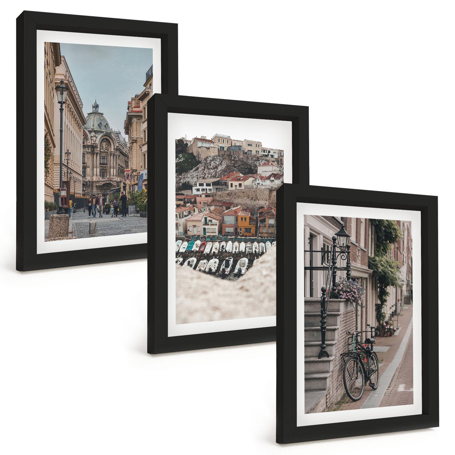 BILDER SET 3er Set - 20x30 cm Schwarzer Rahmen - Die charmanten Straßen des Hafens der Stadt - Schwarz, Kunststoff (20/30cm) - TULUP