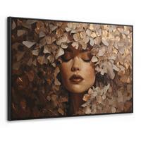 LEINWAND Bilder mit Rahmen - Gesicht - Dame - Blätter - Pinselstriche - 140x90 - Goldfarben, Textil (140/90cm) - MuchoWow