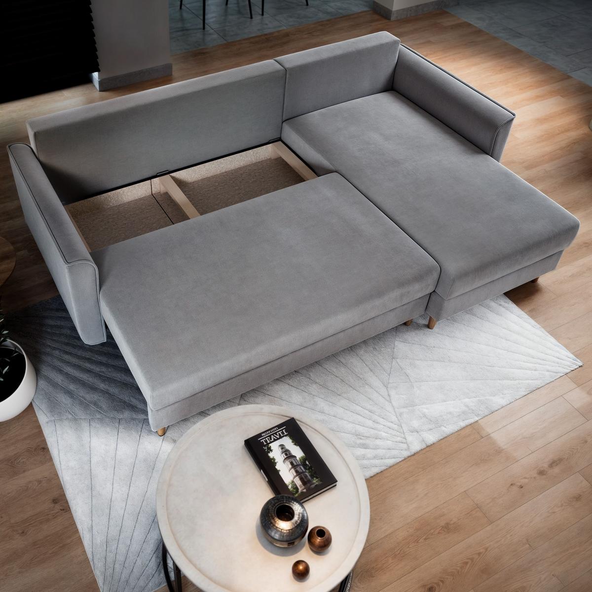 ECKSOFA PISAN R-S Hellgrau Plüsch-Stoff mit Schlaffunktion - Hellgrau/Braun, Holz/Textil (220/140cm) - MASSENO