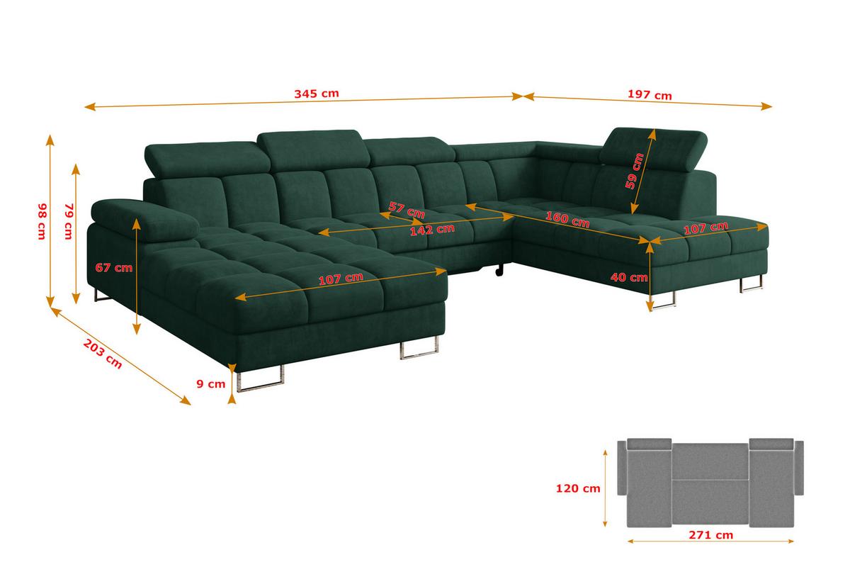 WOHNLANDSCHAFT mit Schlaffunktion und Bettkasten Ottomane RECHTS COMA U 345x203x79 Grün Velours - Grün, Holzwerkstoff/Textil (203/79/345cm) - ALTDECOR