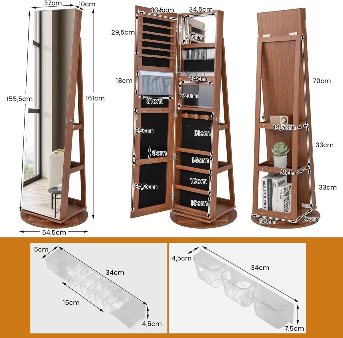 SCHMUCKSCHRANK Braun - Braun, Holz (55/161/55cm) - COSTWAY