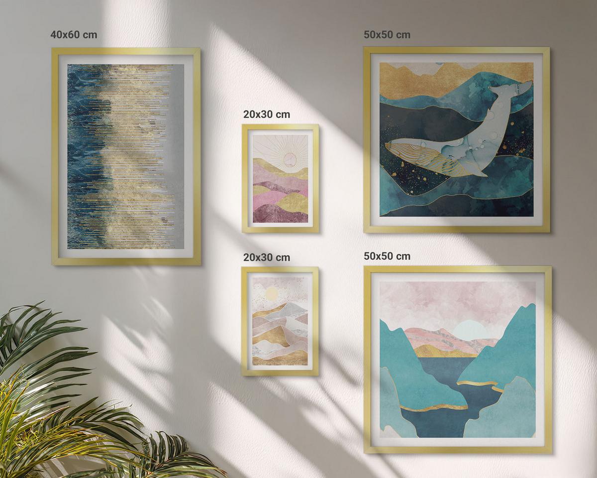 BILDER SET 5er Set - 50x50 cm & 20x30 cm & 40x60 cm Goldrahmen - Abstrakte Berge Sonne - Goldfarben, Kunststoff (40/60cm) - TULUP