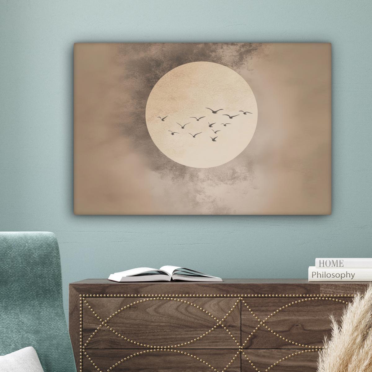 LEINWANDBILD Vogel - Beige - Japanisch Gemälde 60x40 cm - Taupe, Textil (60/40cm) - MuchoWow