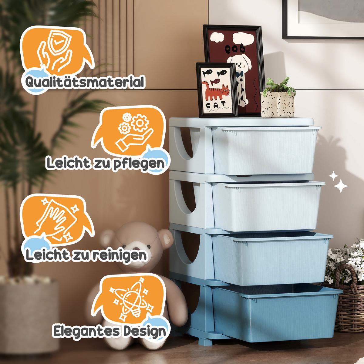 SCHUBLADENSCHRANK für Kinder mit Stauraum Aufbewahrungsboxen vier Ebene - Blau, Kunststoff (37/76/37cm) - HOMCOM