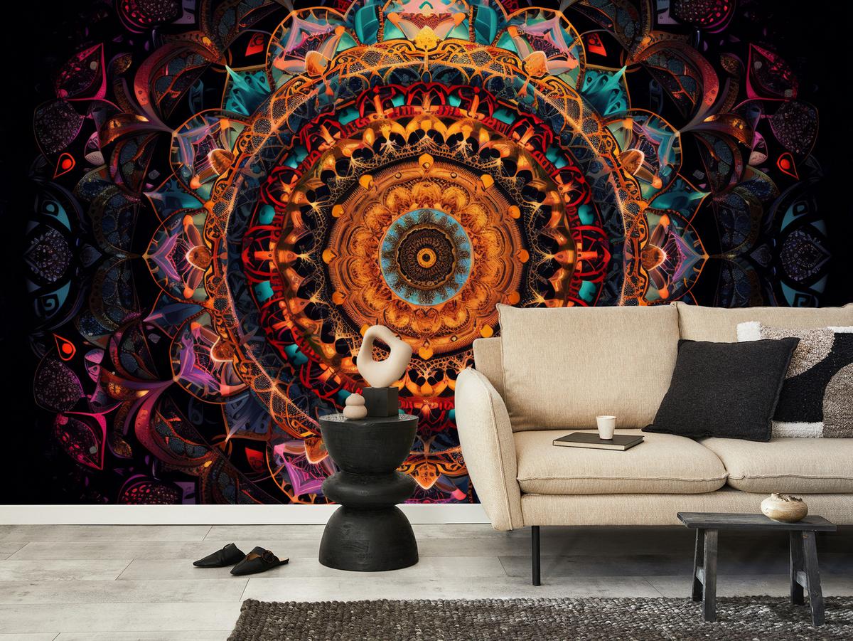 FOTOTAPETE für Schlafzimmer Bunte Mandala Vintage Orientalisch Harmonisch 500x350 - Gelb/Rot, Papier (500/350cm) - Muralo