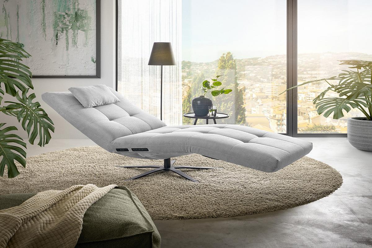 RELAXLIEGE LETICIA Silber Cord Drehbar (360°), Relaxfunktion - Silberfarben/Schwarz, Textil/Metall (82/115/156cm) - KAWOLA