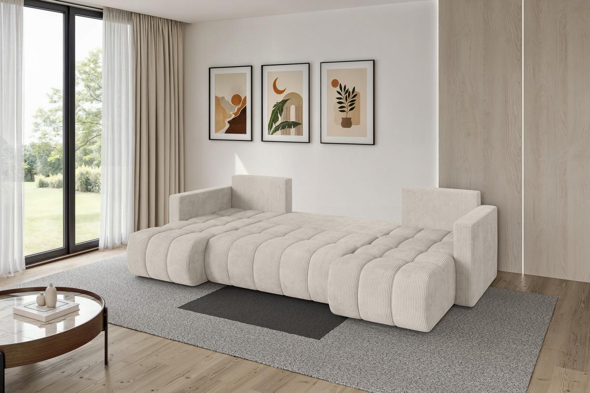WOHNLANDSCHAFT mit Schlaffunktion und Bettkasten GARD-U 300x146x85 Creme Cord - Ecru/Creme, Holzwerkstoff/Kunststoff (300/85/146cm) - ALTDECOR
