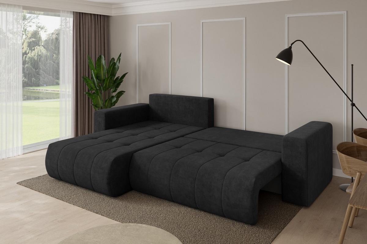 ECKSOFA mit Schlaffunktion Ottomane Links MILA-L 277x194x86 Schwarz Velours - Schwarz, Holzwerkstoff/Kunststoff (277/194cm) - ALTDECOR