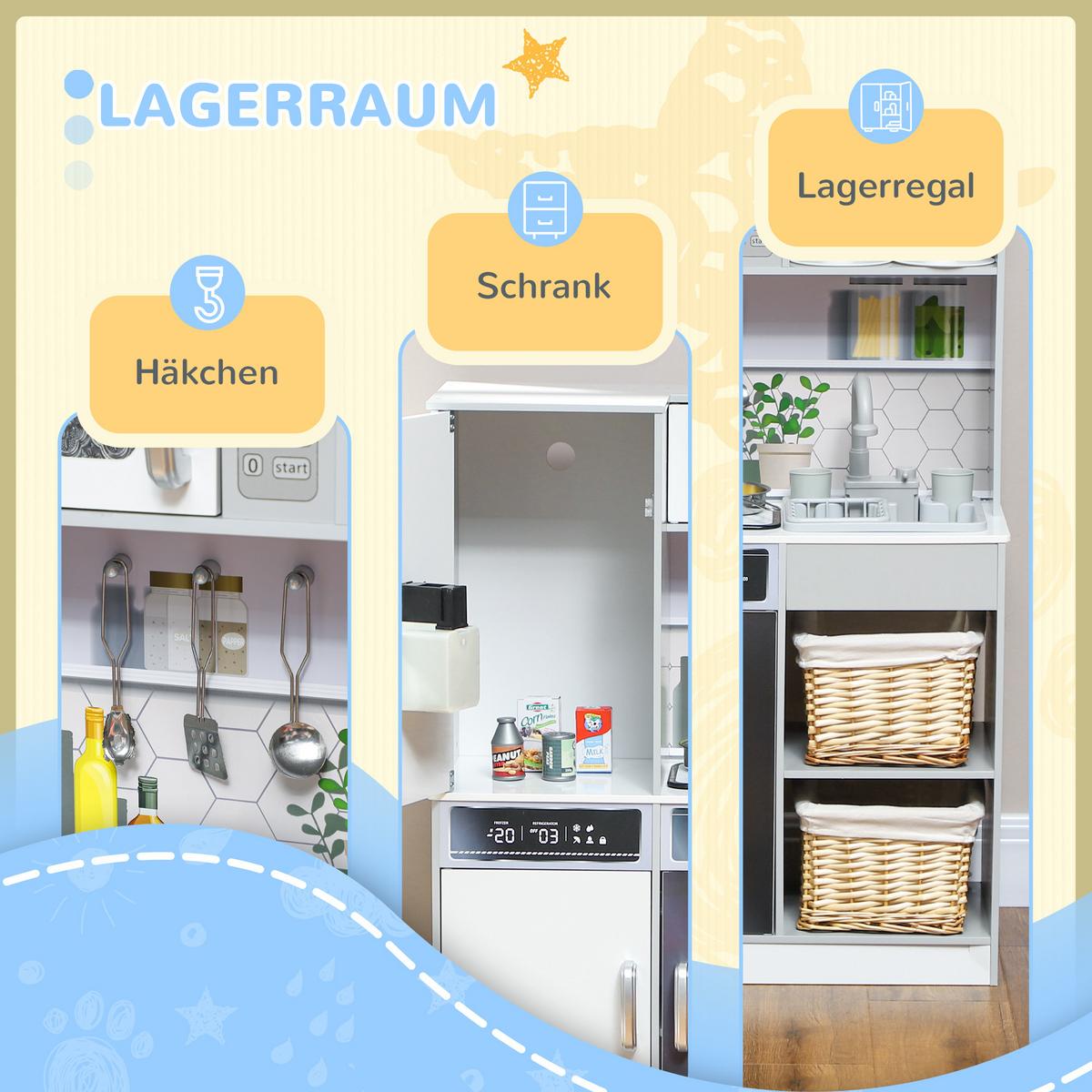 KINDERKÜCHE Spielküche mit Lichtern und Geräuschen Kochherd, fließendes Wasser - Weiß, Holzwerkstoff (80/29.7/100.9cm) - AIYAPLAY