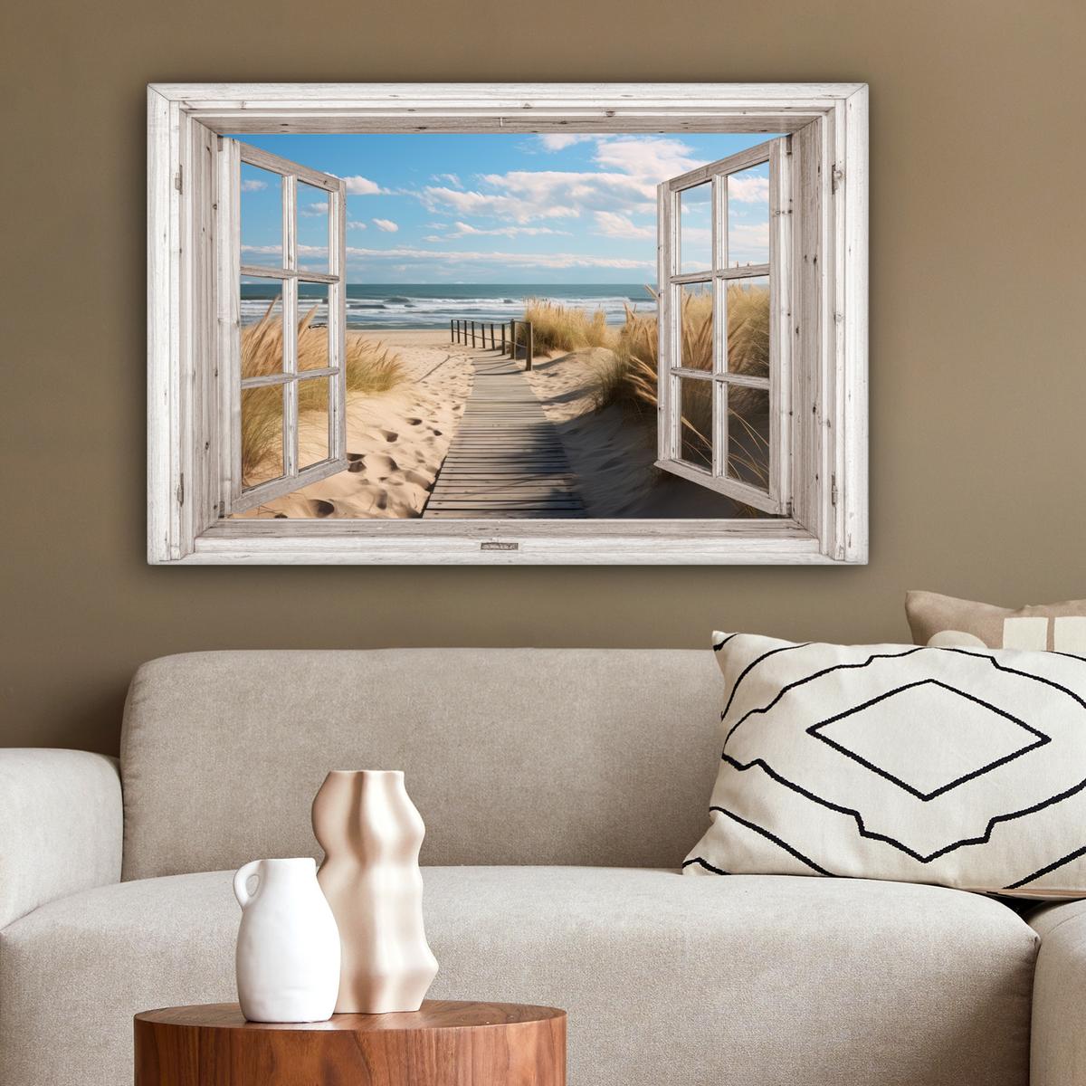 LEINWANDBILD Fenster - Meer - Küste - Natur - Ausblick - Strand - Wattenmeer Wanddeko 90x60 cm - Beige, Textil (90/60cm) - MuchoWow
