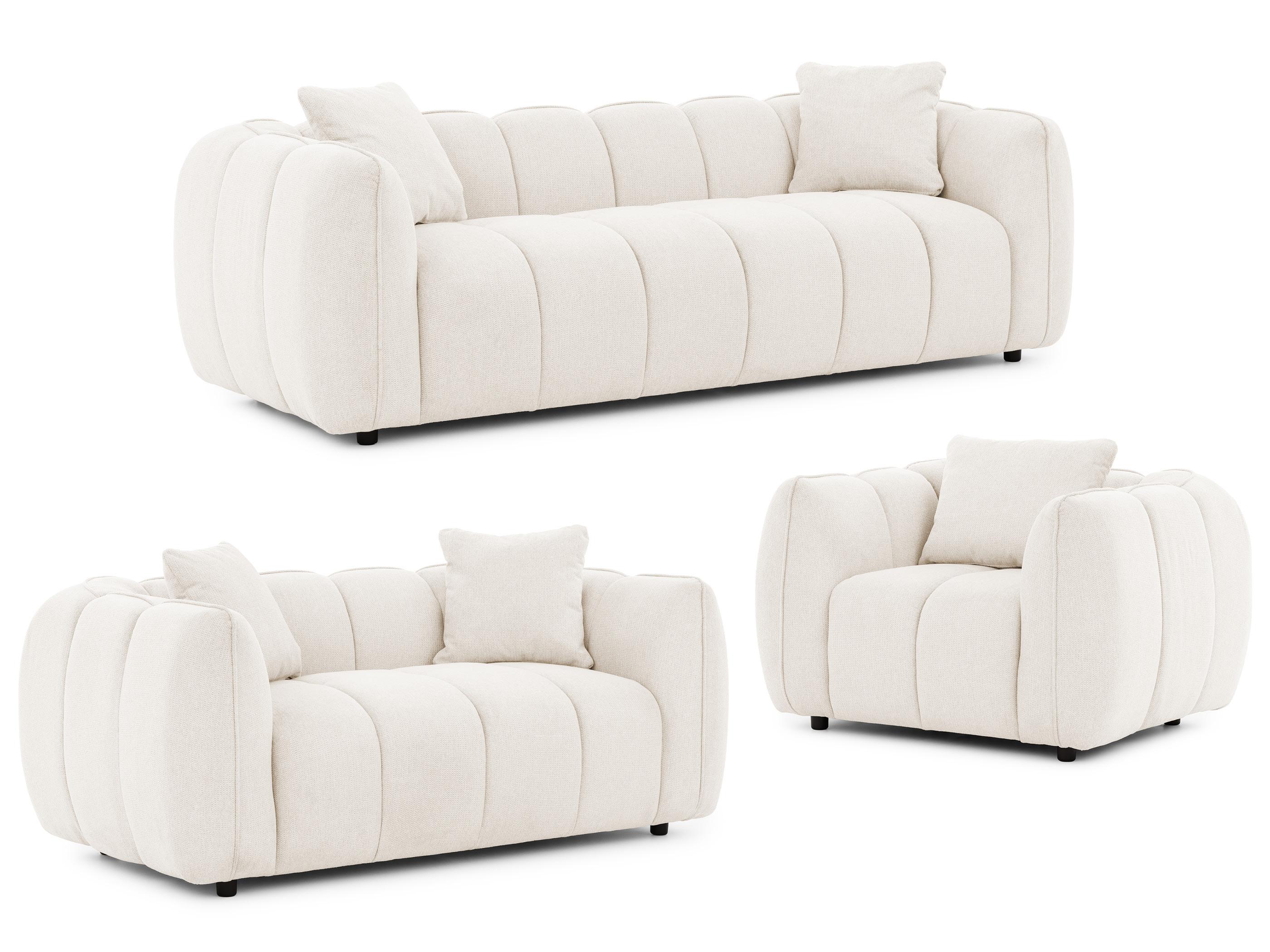 SITZGARNITUR 3+2+1 Nubira in tief gesteppter Bubble-Optik aus weichem Creme Strukturstoff im modernen Design - Creme/Schwarz, Holz/Kunststoff (228/69/89cm) - S-Style Möbel