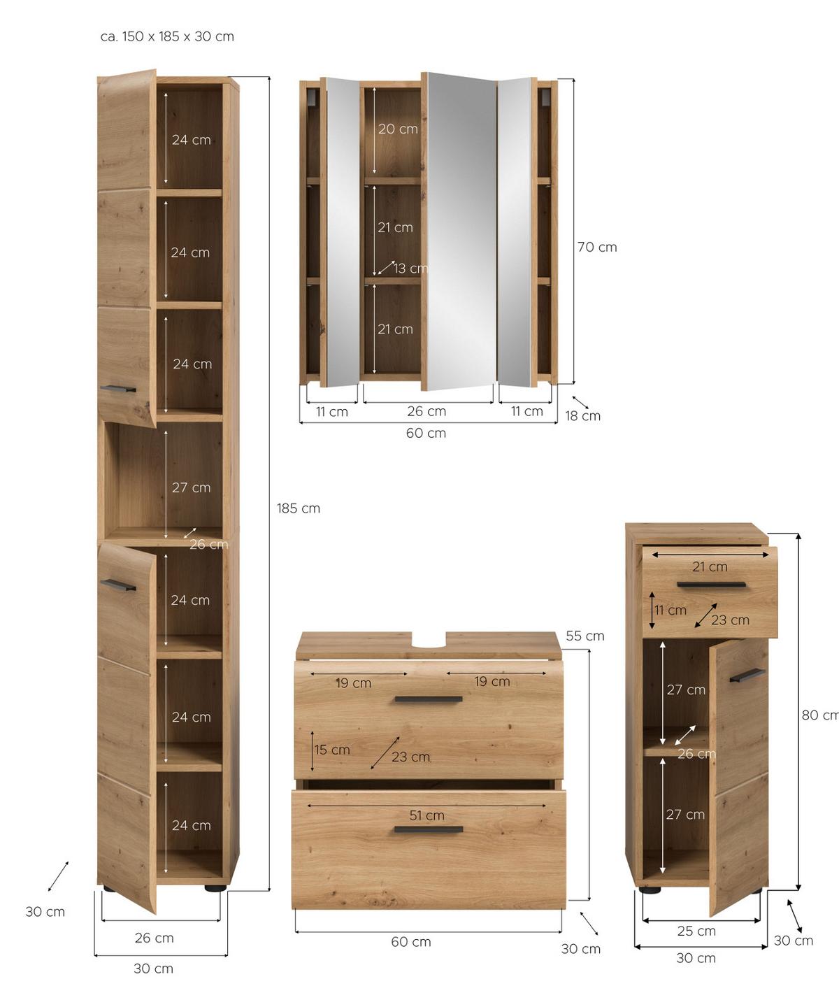BADMÖBEL-SET 4-teilig in Artisan Eiche, 150 x 185 cm Badkombination, Cover - Schwarz/Eiche Artisan, Glas/Holzwerkstoff (150/185/30cm) - Inn.Furn