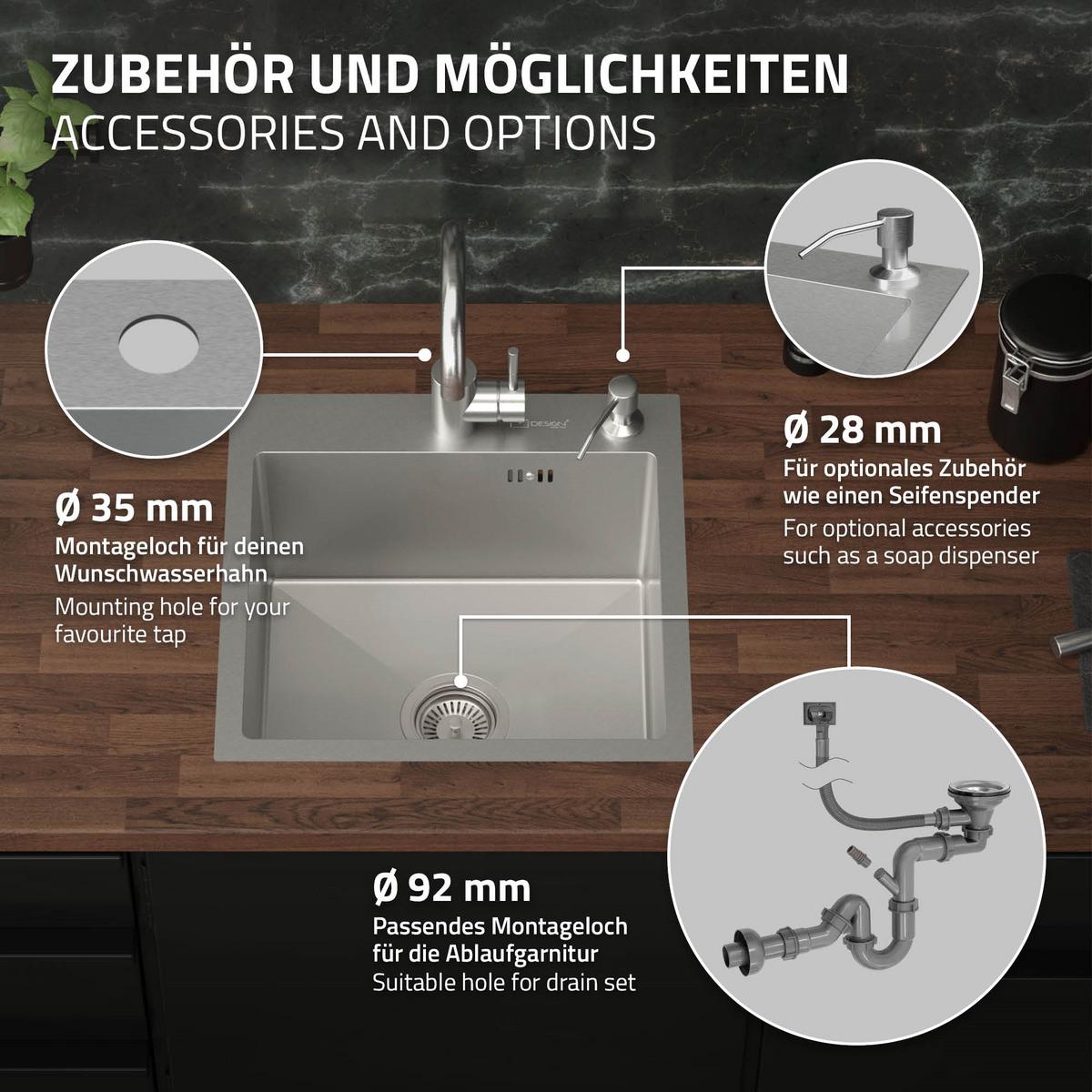 SPÜLBECKEN aus Edelstahl 45x45 cm mit Siphon - Silberfarben, Metall (45/19/45cm) - ML-DESIGN