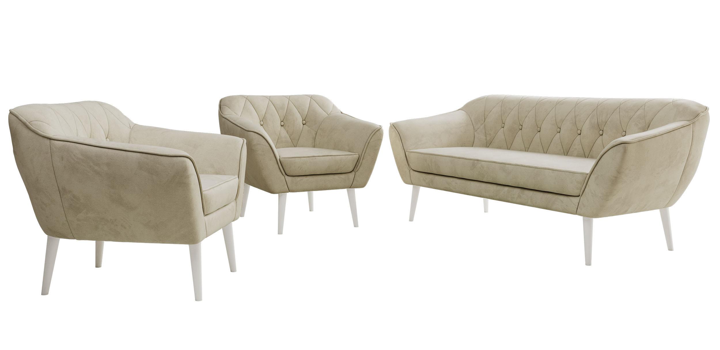 SITZGARNITUR PIRS 3+1+1 - Beige Velvet - Weiße Beine - Beige/Weiß, Holzwerkstoff/Textil (180/75/74cm) - MKS