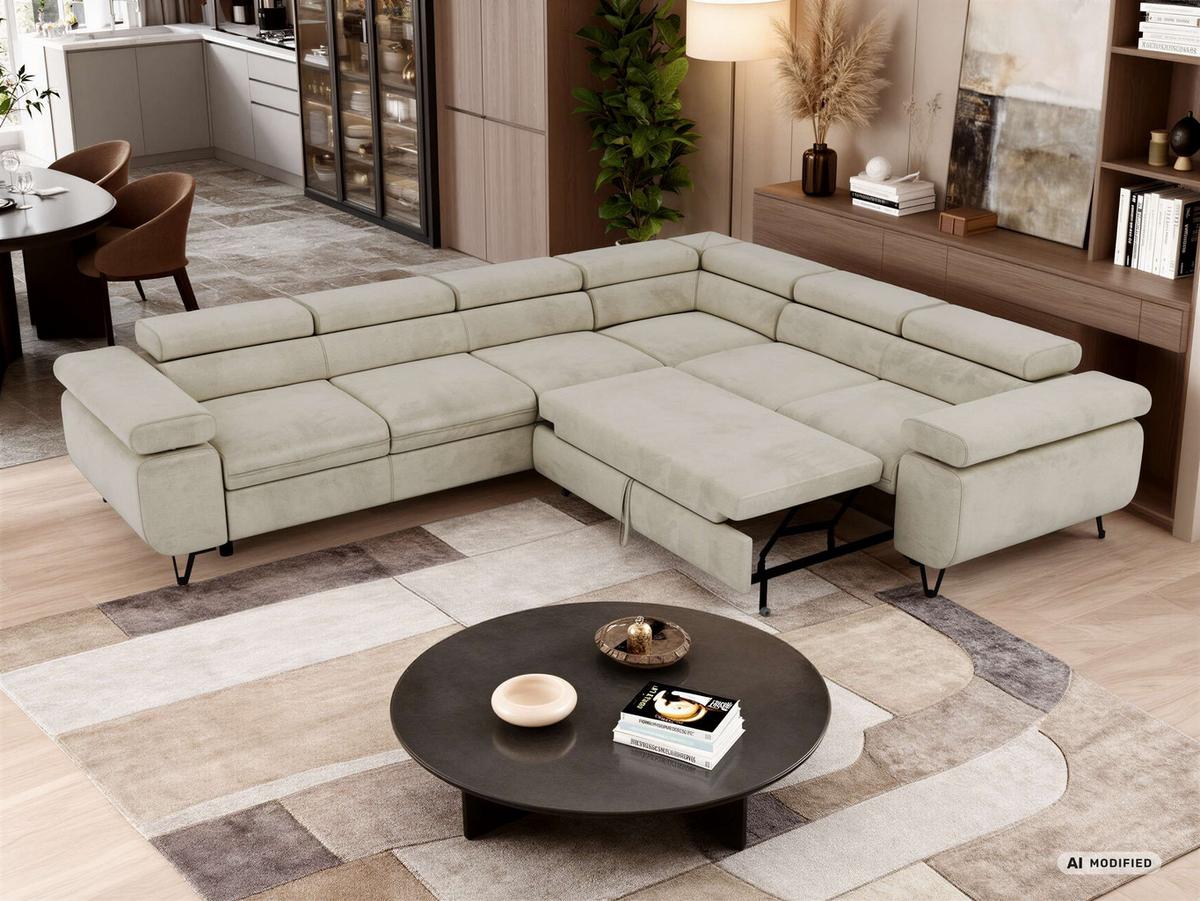 ECKSOFA NORDEN L - Beige Velvet - Links Seite - Beige/Schwarz, Textil/Metall (269/329cm) - MKS