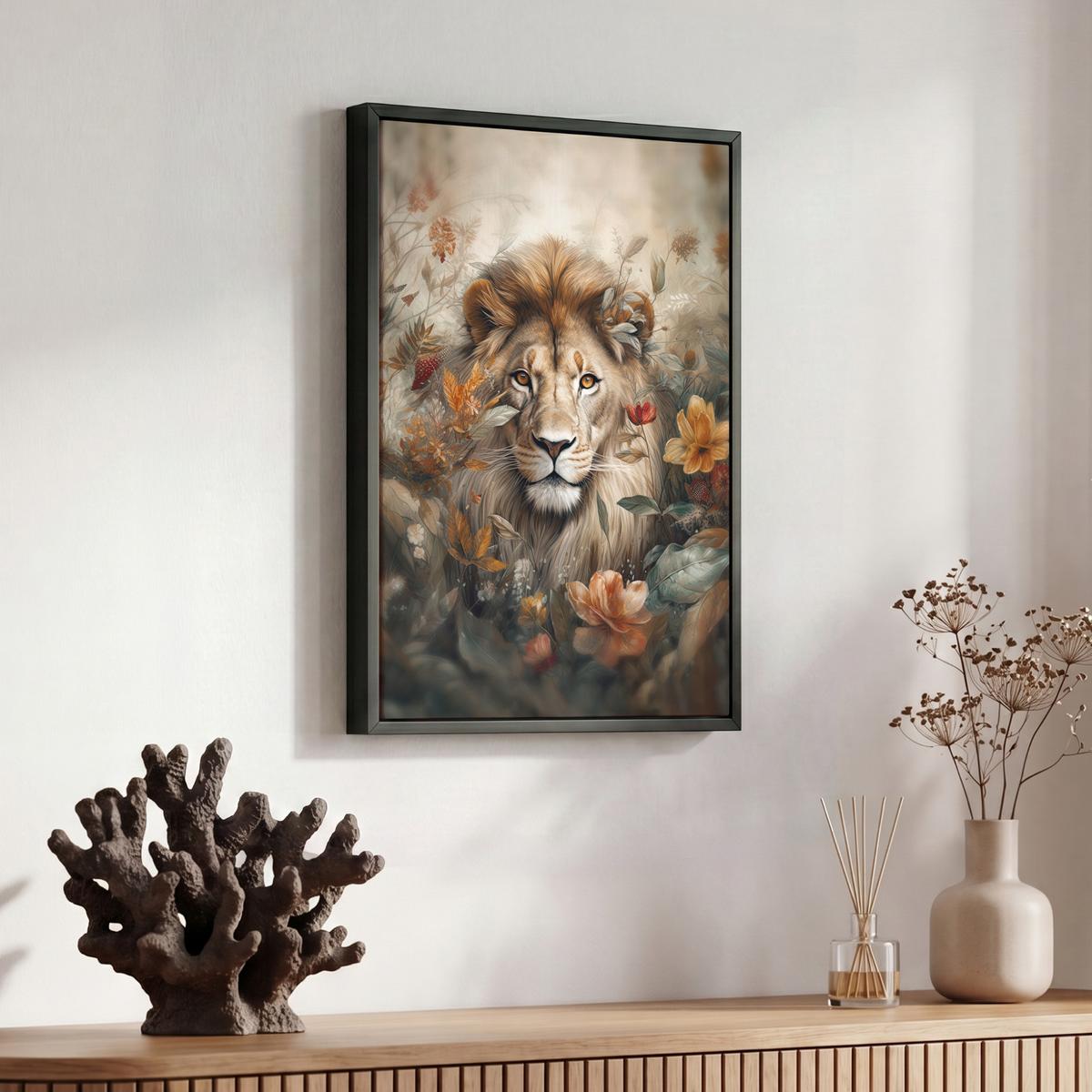 LEINWAND Bilder mit Rahmen - Löwe - Wildtiere - Pflanzen - Natur - Blumen - 30x40 - Beige, Textil (30/40cm) - MuchoWow