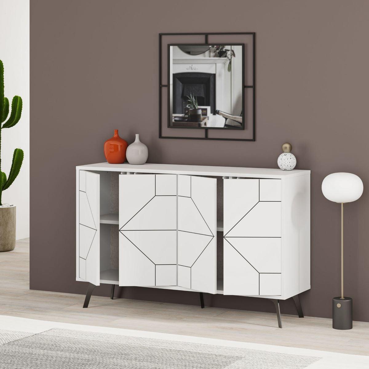 SIDEBOARD mit 4 Türen und dekorierten Türen L123 cm - Dune - Weiß, Holzwerkstoff (35/62.4/16cm) - Calicosy