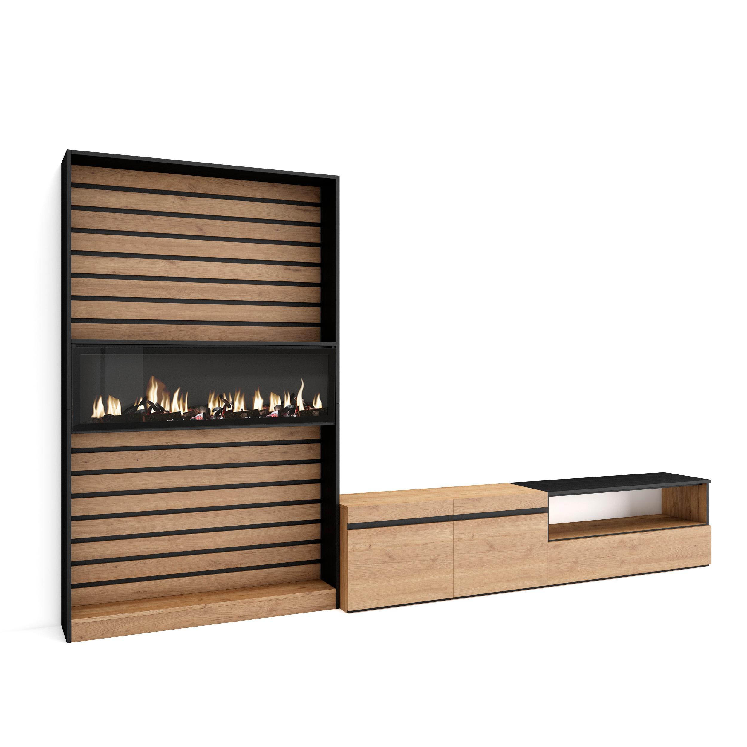WOHNWAND Wohnzimmer, eiche, schwarz, Elektrokamin,, 310/35/186cm - Eichefarben/Schwarz, Holzwerkstoff (310/186/35cm) - Skraut Home