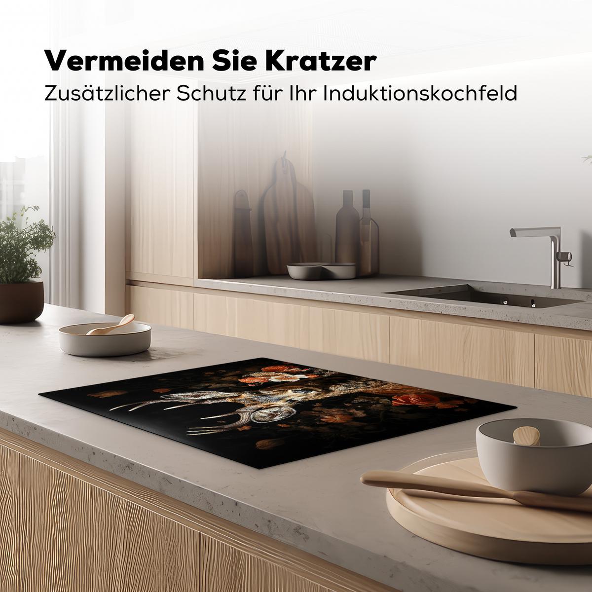 HERDABDECKPLATTE Hirsch - Tier - Blumen - Natur - Botanisch Induktionsmatte 71x52 cm - Kupferfarben, Kunststoff (71/52/0.2cm) - MuchoWow